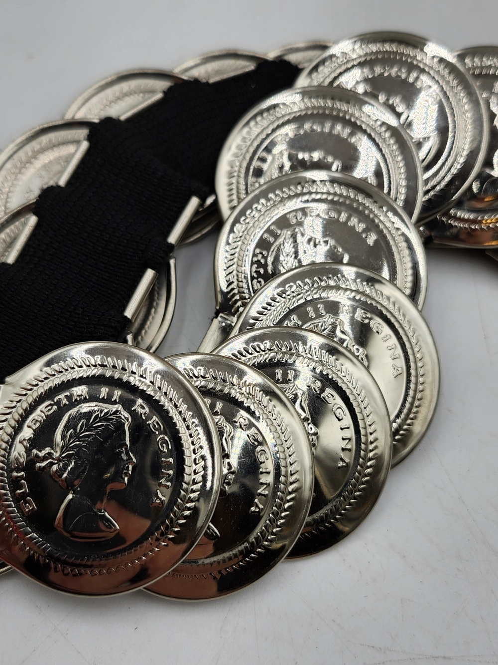 Vintage Elizabeth II Regina Coins Stretch Elastic Waist Belt Silver Tone
